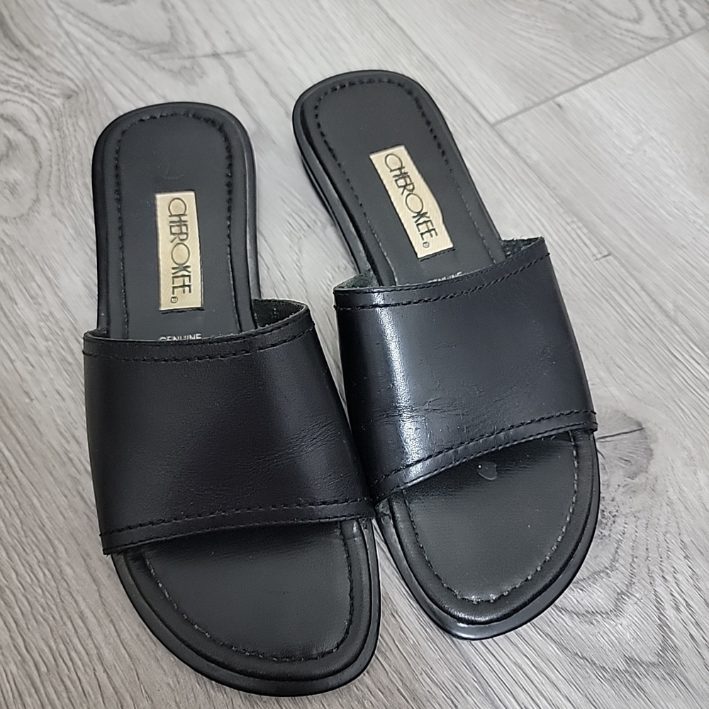 Vintage Cherokee Black Leather Slides, Women's Size 7.5 Made in Brazil, EUC